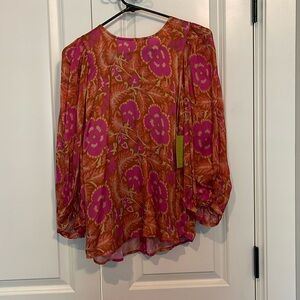 NWT boutique blouse, orange and pink floral, buttons in back size S